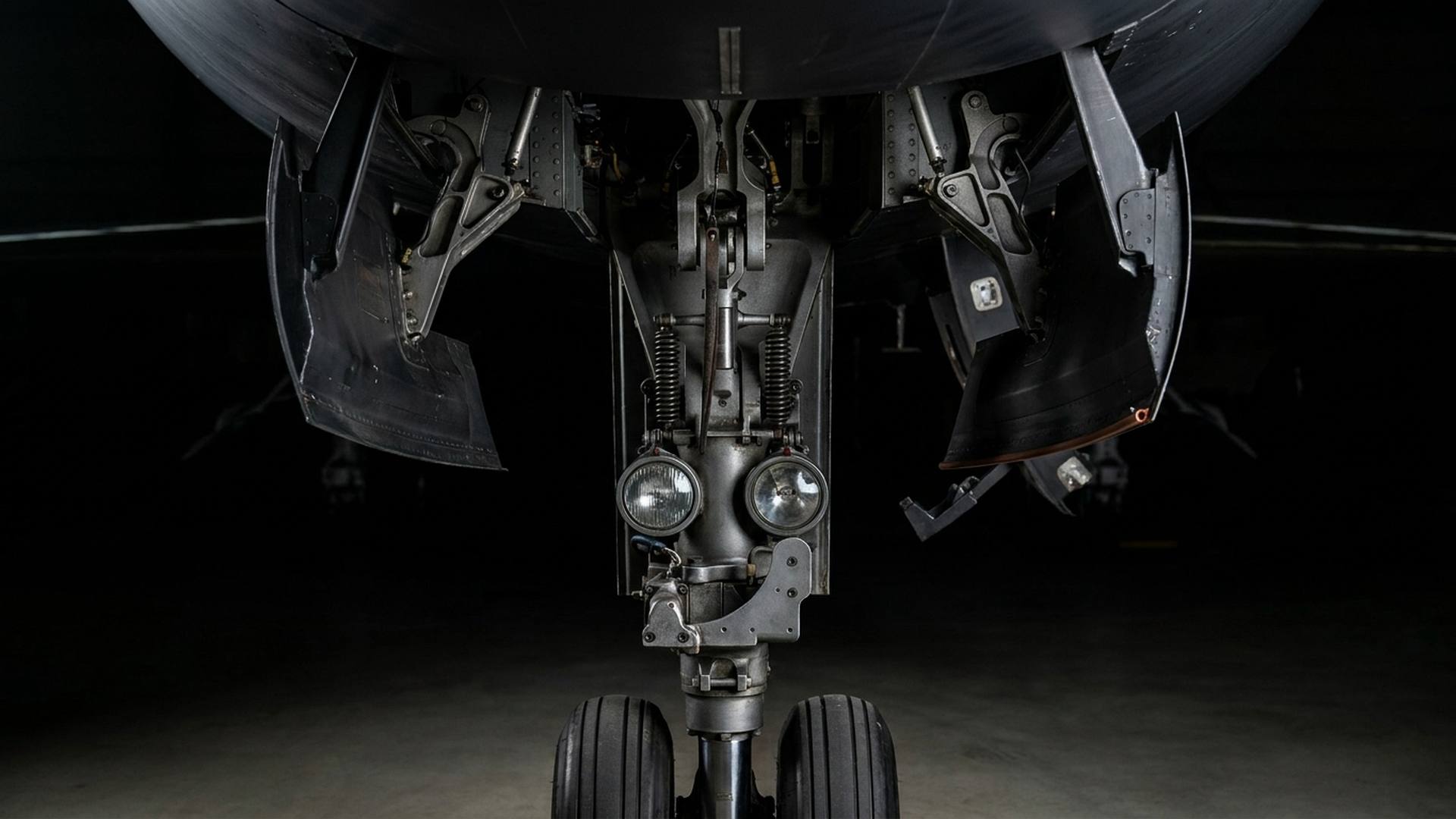 Symmetrical view of a private jet's nose landing gear bay, Jettset Global Legs regional charter