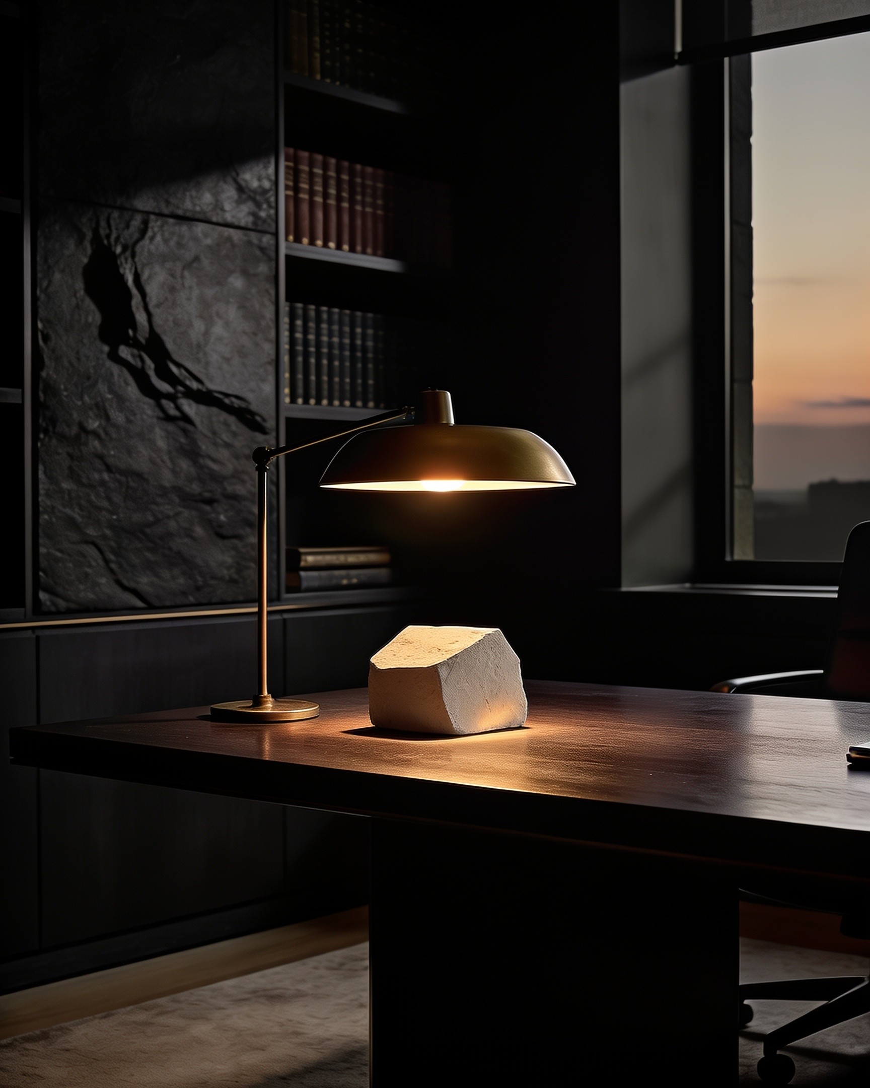 A private study desk with a lamp-lit abstract sculptural object, suggesting quiet strategic thought