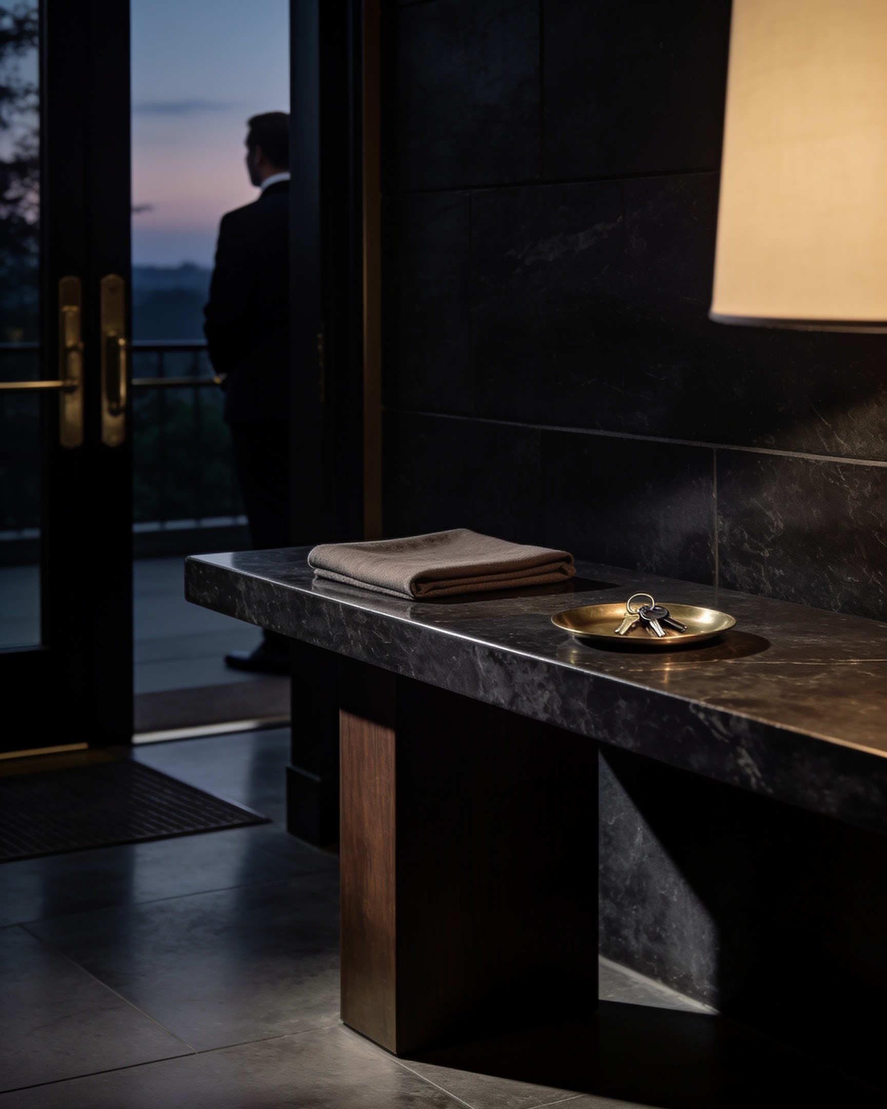 A private entrance console with folded linen and a bowl of keys, prepared before a guest's arrival