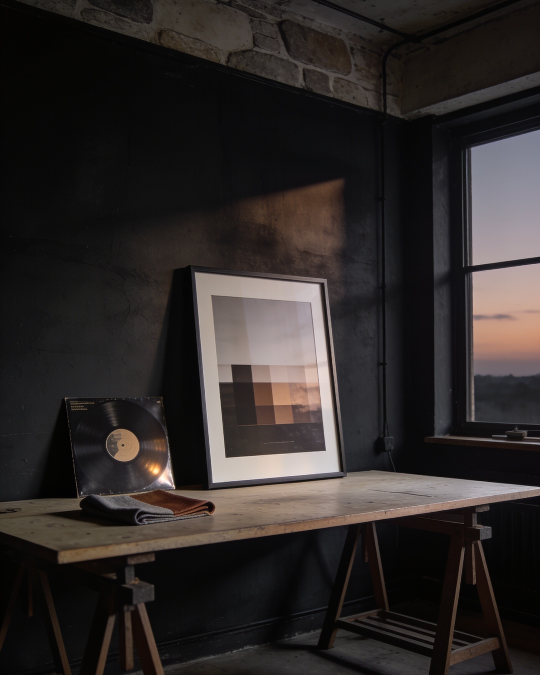 A framed editorial print, vinyl record and folded fabric on a studio table at dusk