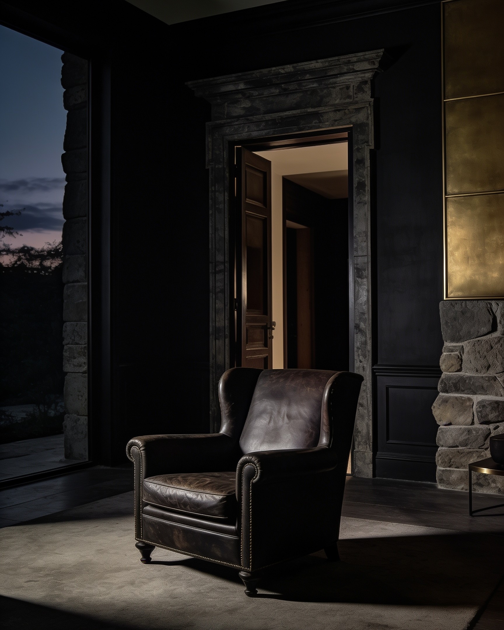 A reserved leather armchair in a private salon, with a doorway open to another room beyond