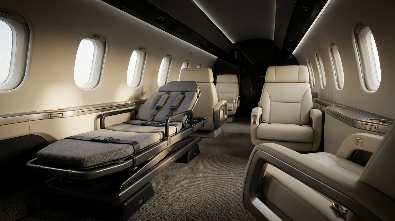 Medical transport stretcher configured inside a private aircraft cabin